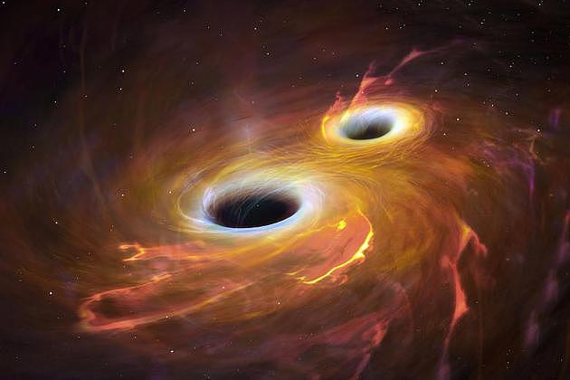 两个黑洞碰撞和合并的艺术渲染图