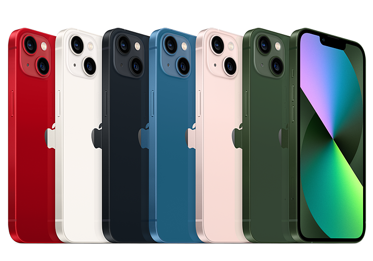 iPhone 13 包括红色、星光色、午夜色、蓝色、粉色和绿色在内全部六款外观的角度视图，以及绿色外观的正面角度视图。