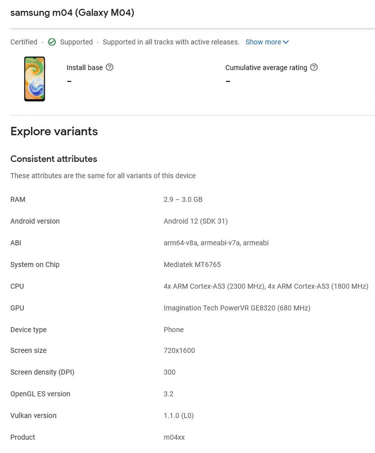 三星 Galaxy M04 手机现身 Google Play 控制台：搭载联发科 Helio G35，采用安卓 12 / One UI 4 系统 - 1