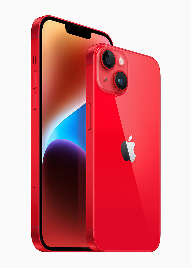 iPhone 14 和 iPhone 14 Plus，红色。