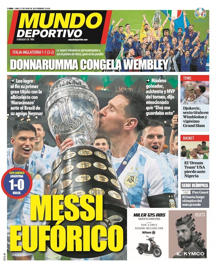西甲今日头版：梅西首次随阿根廷夺冠 意大利温布利登上欧洲之巅 - 3