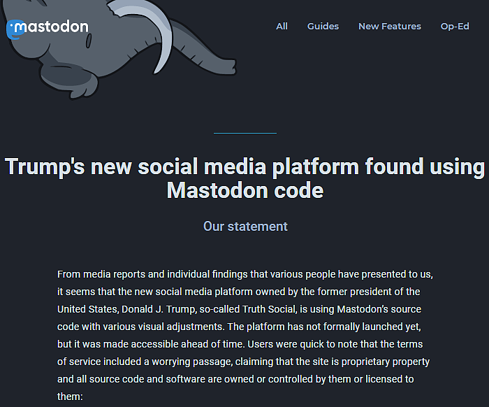 Mastodon警告特朗普Truth社交网络不该违规使用代码 - 1
