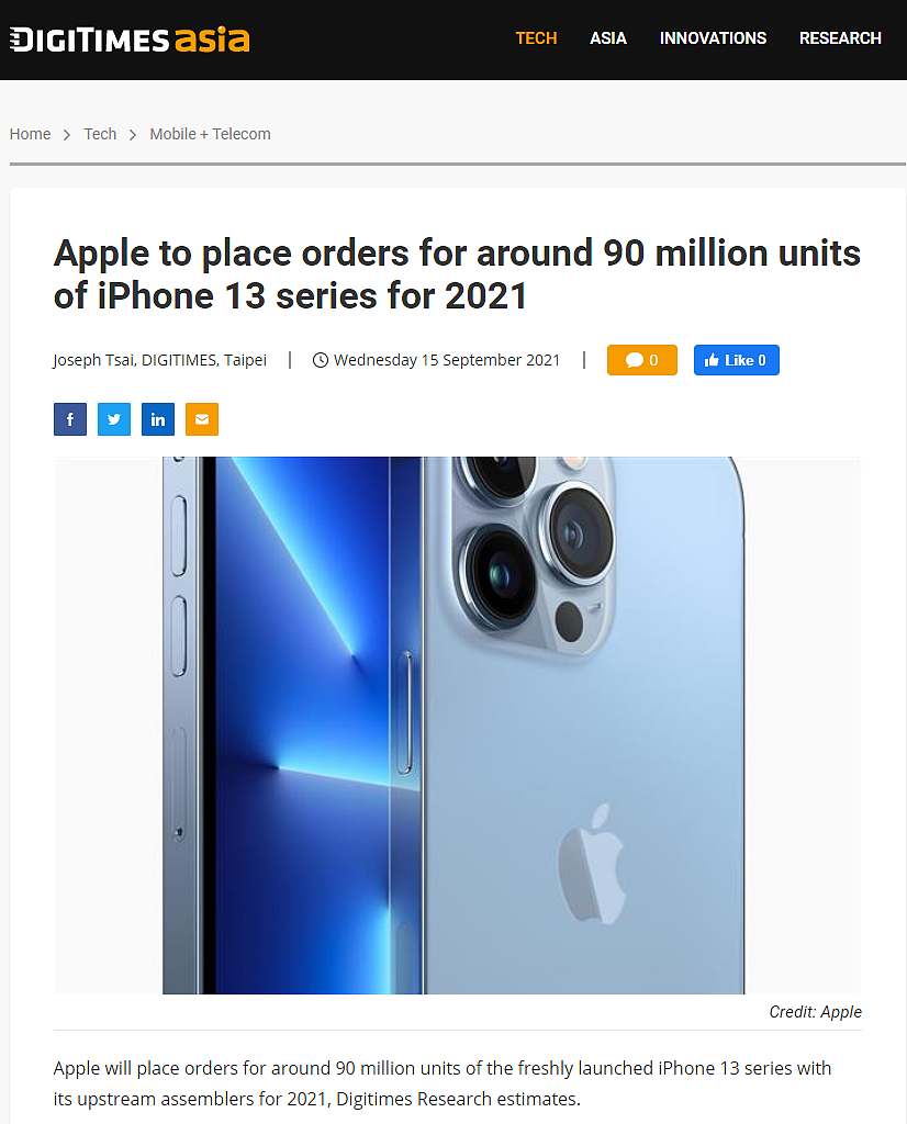 机构：苹果 2021 年将向组装厂下单 9000 万部 iPhone 13/Pro 系列，13 占近一半 - 1