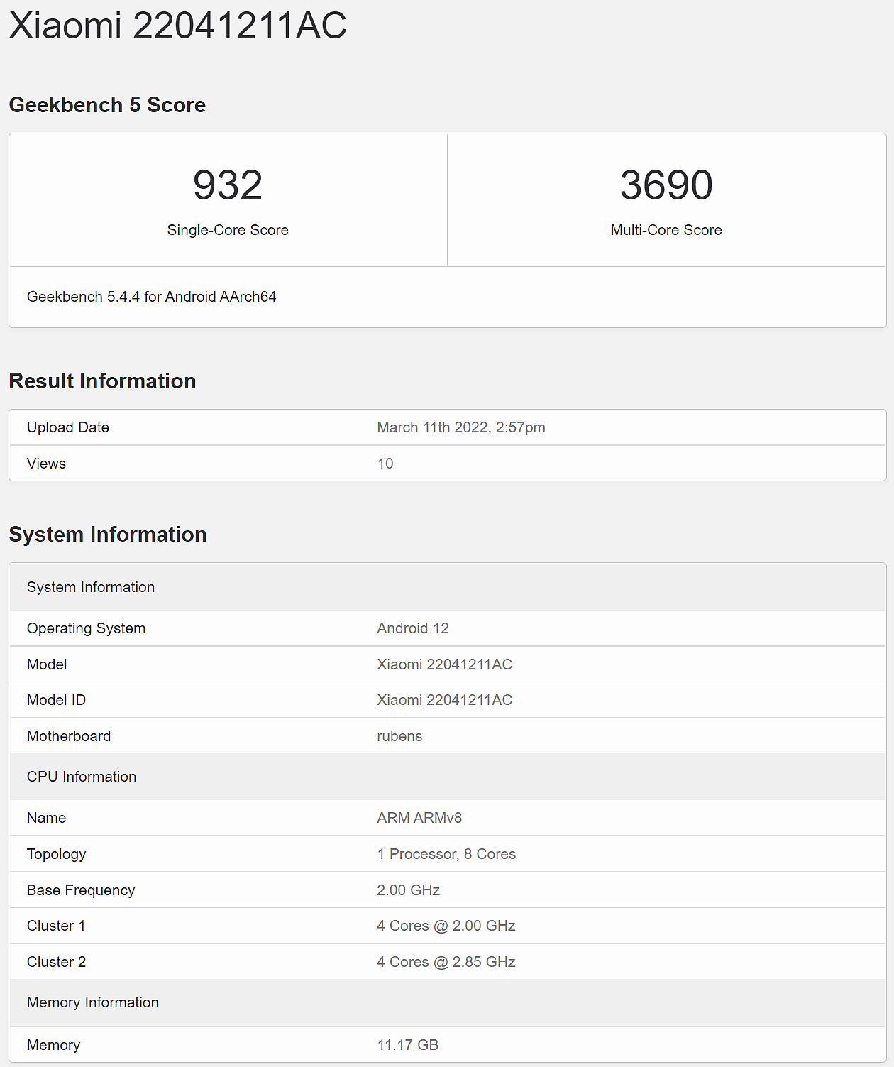 Xiaomi 22041211AC 机型跑分