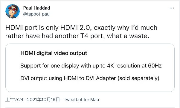 2021款MacBook Pro仅配备了HDMI 2.0端口 而不是HDMI 2.1 - 2