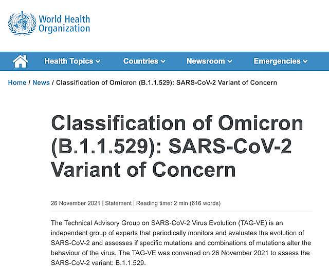 WHO将南非报告变异毒株标记为“担忧病体” 命名Omicron - 1