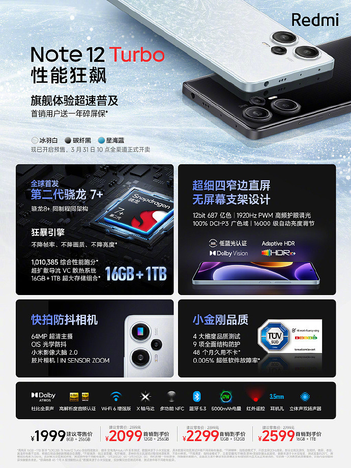 小米 Redmi Note 12 Turbo 手机正式发布：1999 元至 2599 元，全球首发第二代骁龙 7+ 芯片，搭载超细四窄边屏幕 - 1