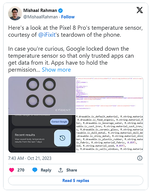 谷歌锁定 Pixel 8 Pro 手机温度传感器，第三方应用暂时无法调用 - 1
