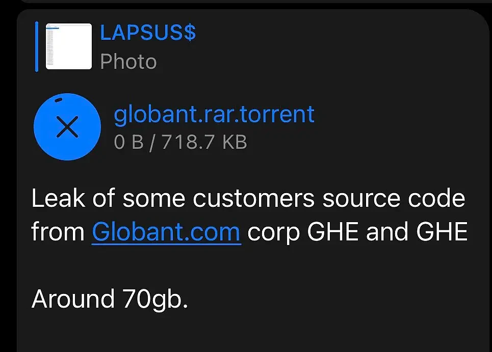 Lapsus$再出手：泄漏Globant软件公司70GB数据 - 2