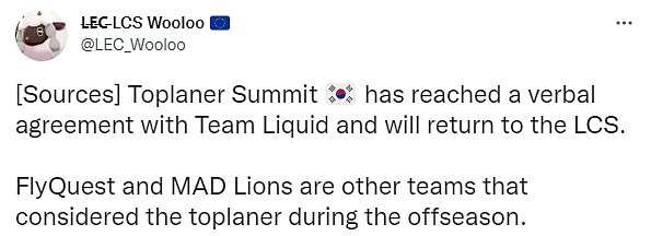 外媒爆料：FPX上单选手Summit已经与TL达成口头协议 将重返LCS - 2