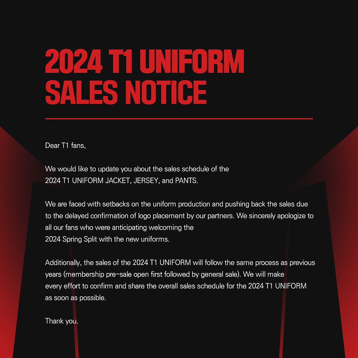 T1官方：2024春季赛队服的制作和销售日程将被推迟 - 1