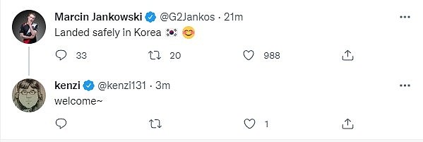 G2打野Jankos更新推特：安全落地韩国? - 2