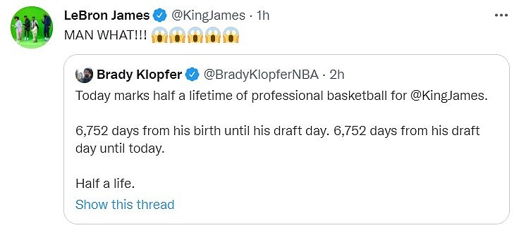 6752天！截至今日詹姆斯生命已有一半时间以NBA球员的身份度过 - 2