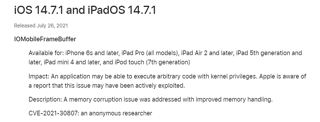 苹果 iOS/iPadOS 14.7.1（18G82）正式版发布，修补重大漏洞 - 2