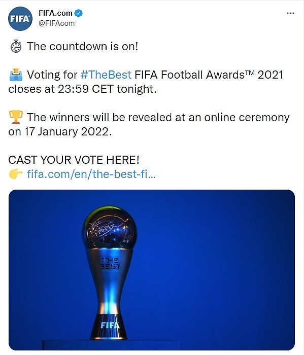 FIFA官方：世界足球先生投票将于北京时间明晨6:59截止 - 1