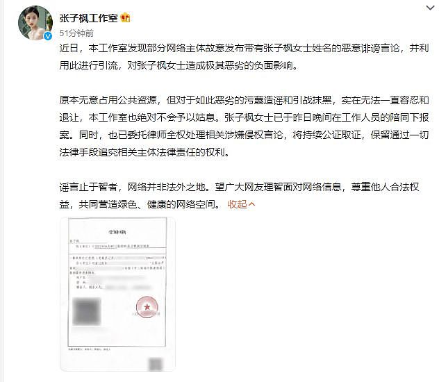 张子枫就恶意诽谤言论报案 已委托律师全权处理 - 2