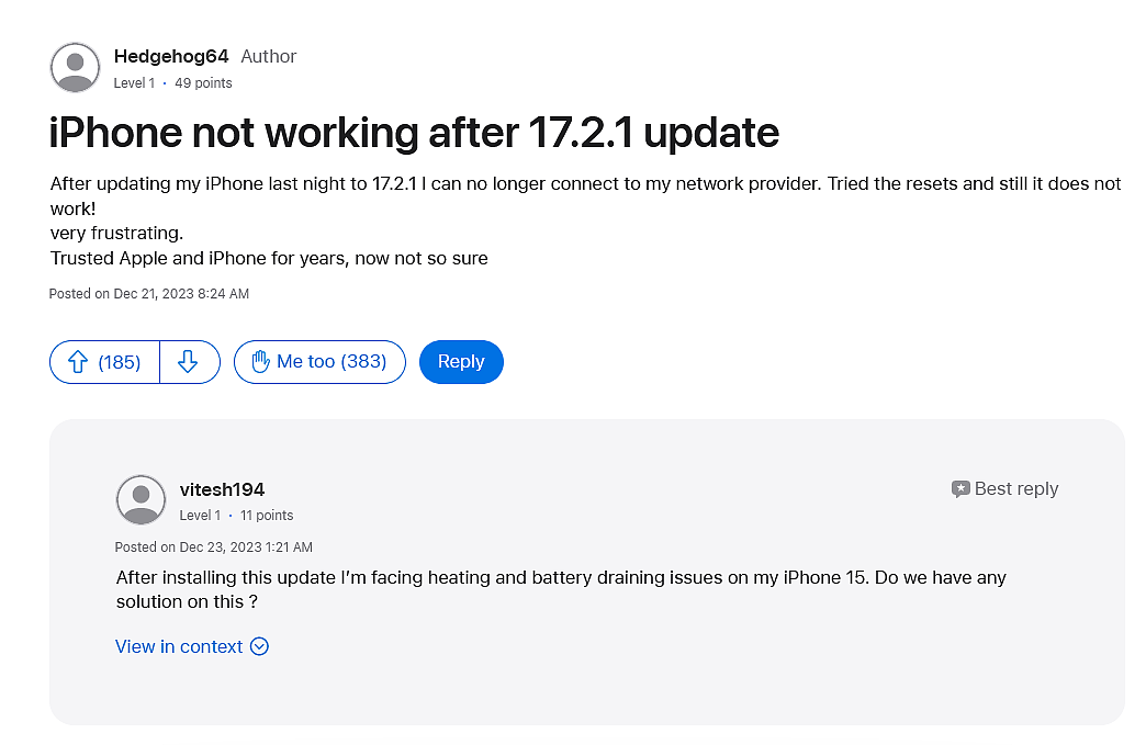 iPhone 用户反馈升级苹果 iOS 17.2.1 后，无法接打电话、蜂窝上网 - 2