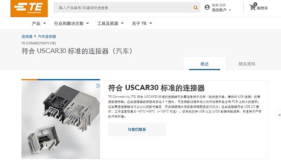 某款USCAR30 合规的 USB 连接器    图片来源: TE Connectivity