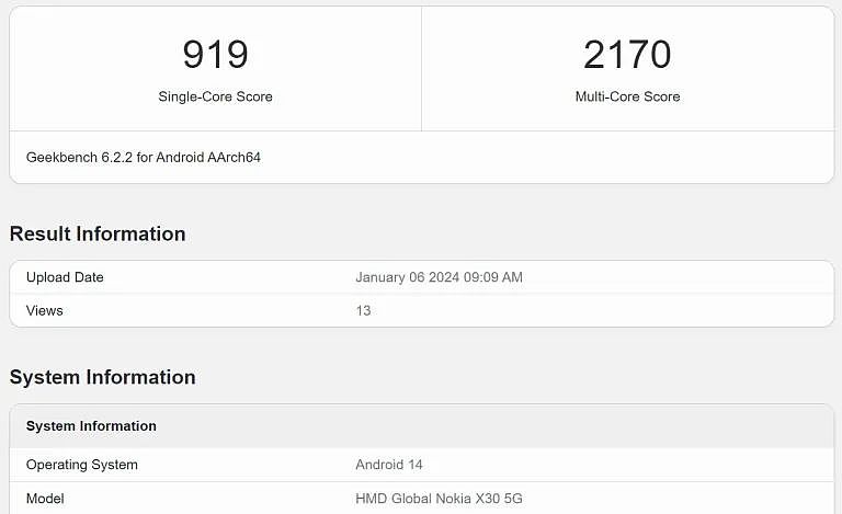 跑分信息显示 HMD 正为诺基亚 X30 5G 手机测试安卓 14 更新 - 2