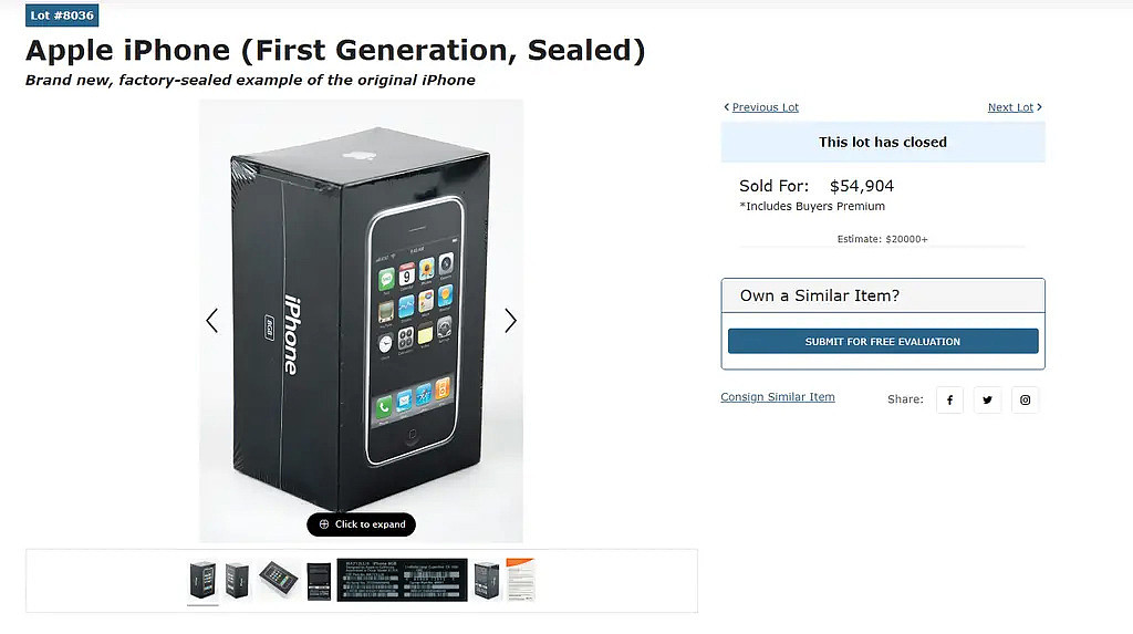 未刷新 6.3 万美元纪录，RR Auction 拍卖的初代未拆封 iPhone 成拍价 54904 美元 - 1