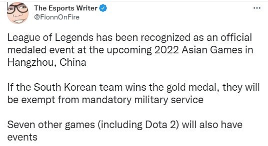 外媒：亚运会获得冠军的韩国电竞选手可以免服兵役 - 1