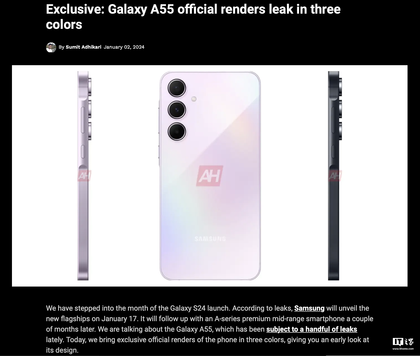 三星 Galaxy A55 手机官方渲染图曝光：6.5 英寸直屏、三种配色、Exynos 1480 芯片 - 1