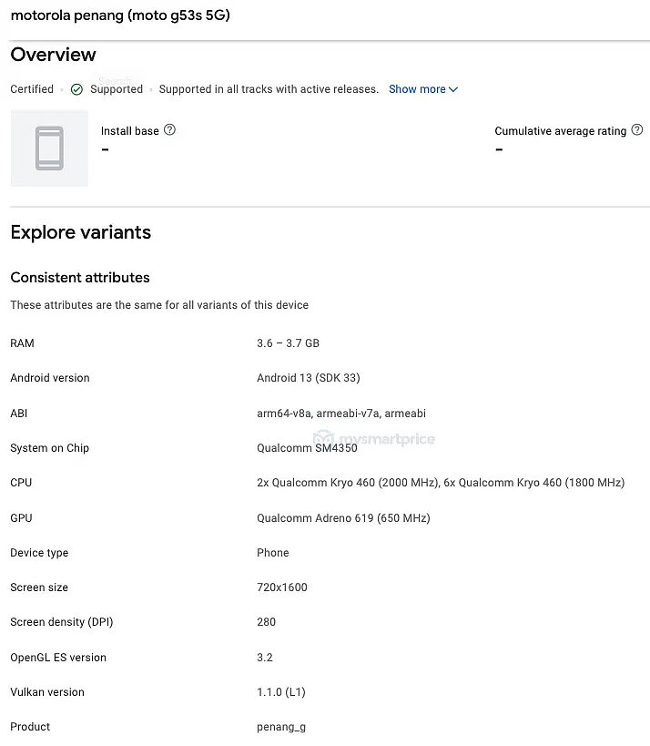 Moto G53s 5G 手机现身 Google Play 管理中心，搭载骁龙 480 移动平台 - 2