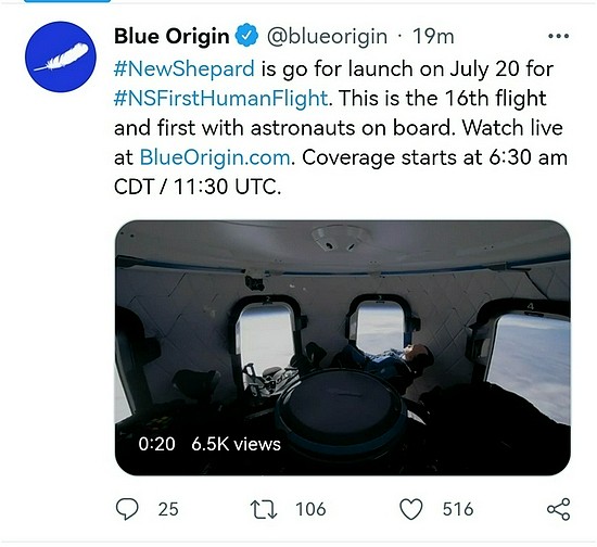 蓝色起源：7月20日太空飞行活动的直播将从美国中央时区06:30开始 - 1