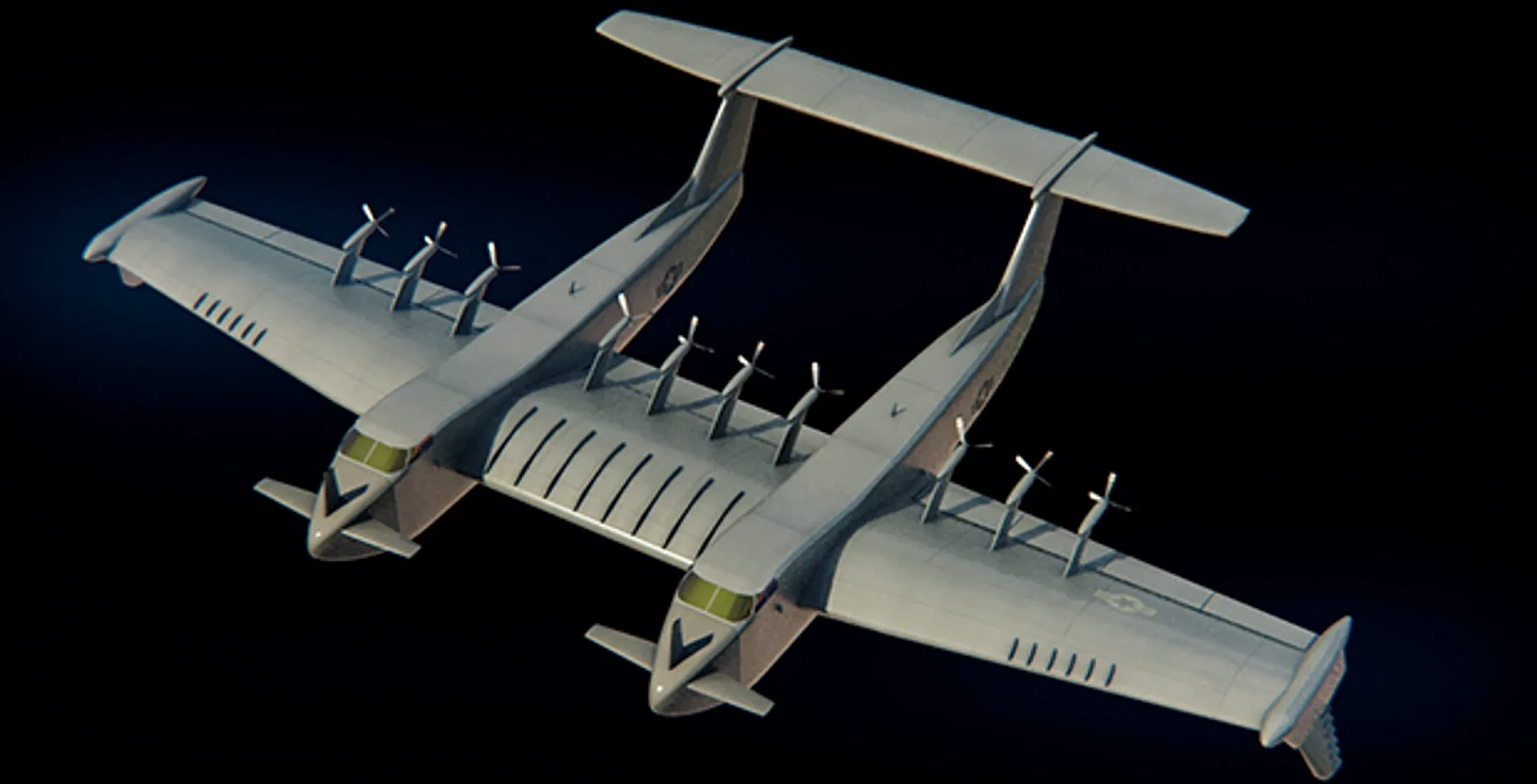 a-rendering-of-a-grey-seaplane-with-twin-fuselages-and-backwards-facing-propellers.webp