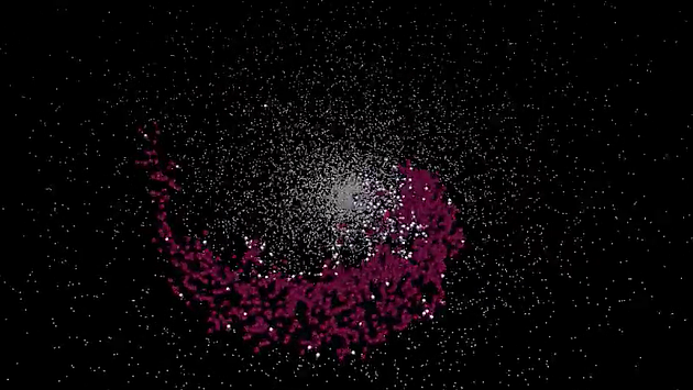 从模拟结果中截取的可视化图像。白点是不稳定的恒星，洋红色球体是稳定的恒星，而白色立方体是正在飞行的星际飞船
