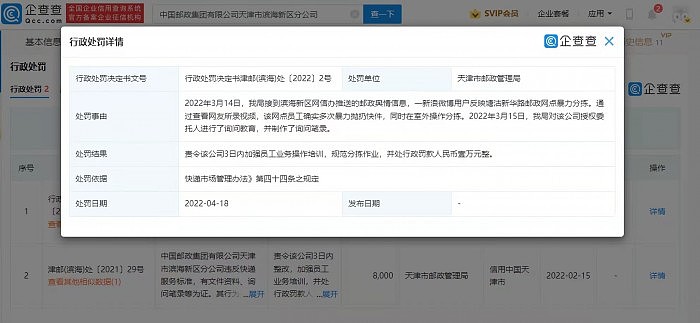 天津邮政一网点员工多次暴力抛扔快件被罚1万元 - 1