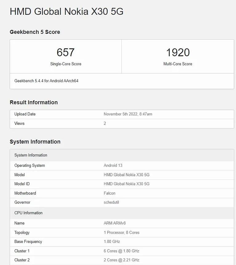 最新 GeekBench 跑分信息显示诺基亚 X30 正测试安卓 13 更新 - 1