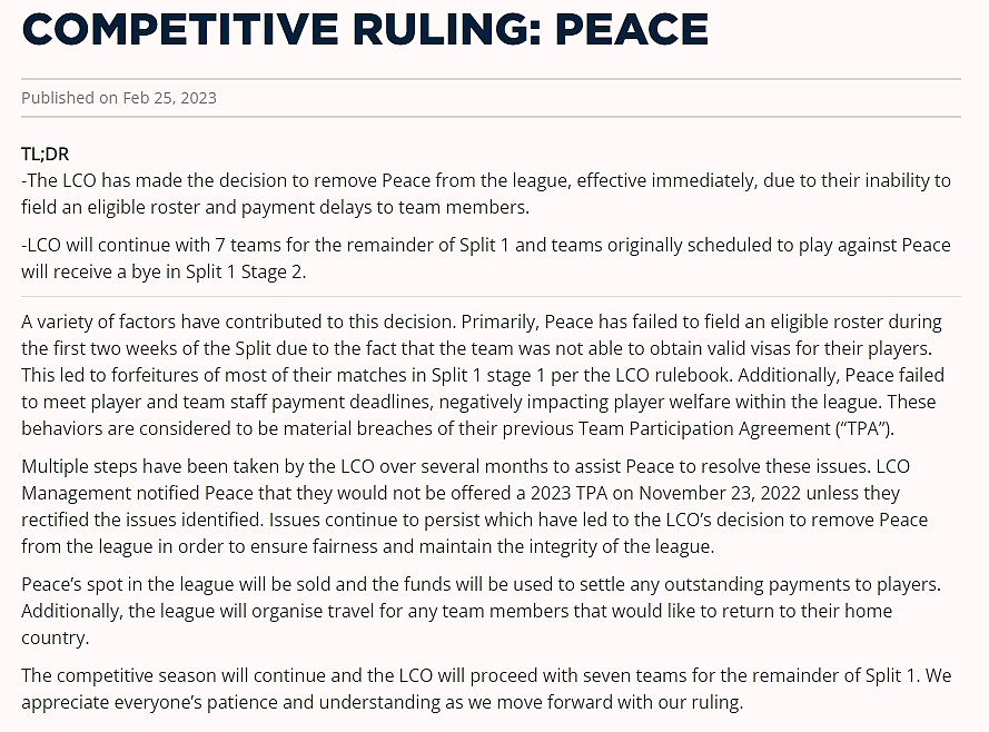 LCO官方：PEACE战队因欠薪等问题被大洋洲联赛除名 - 1