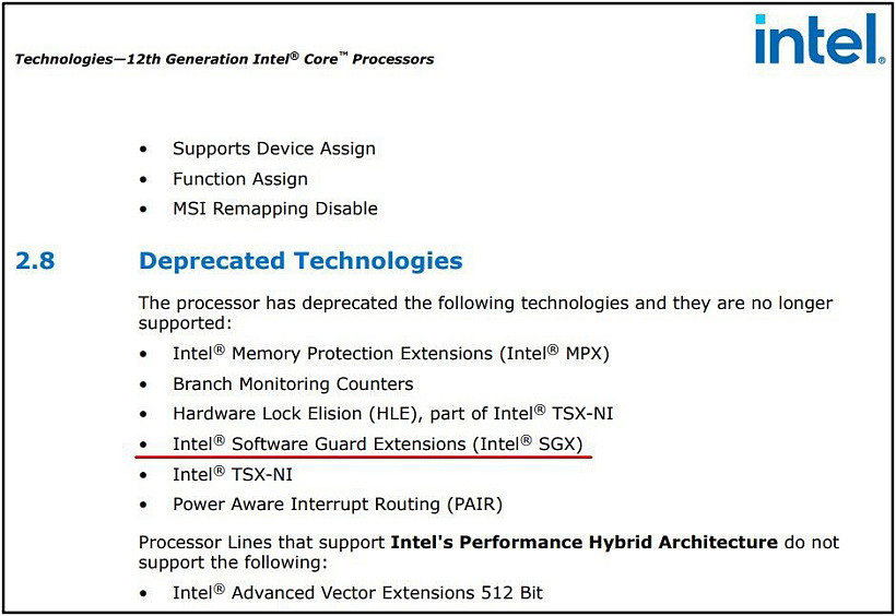 英特尔 12 代 CPU 的规格表中确认，英特尔 SGX 功能已被弃用