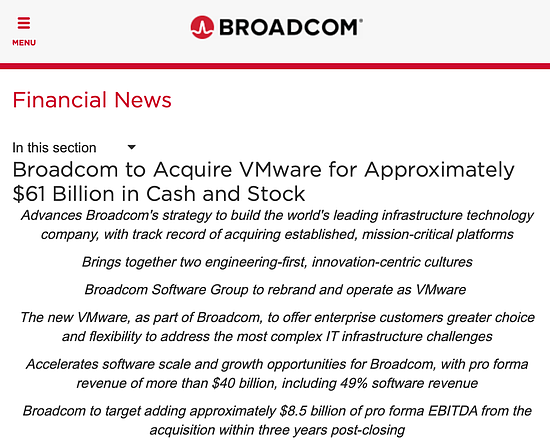 ▲博通宣布以约610亿美元现金和股票并购VMware