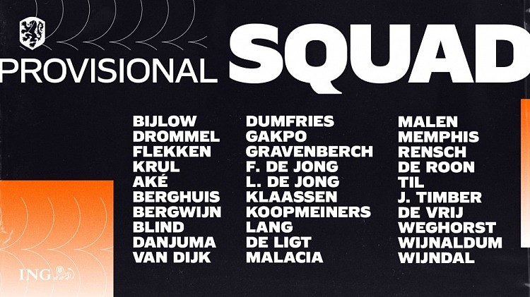荷兰队世预赛30人预选名单：范迪克、弗兰基-德容、德佩在列