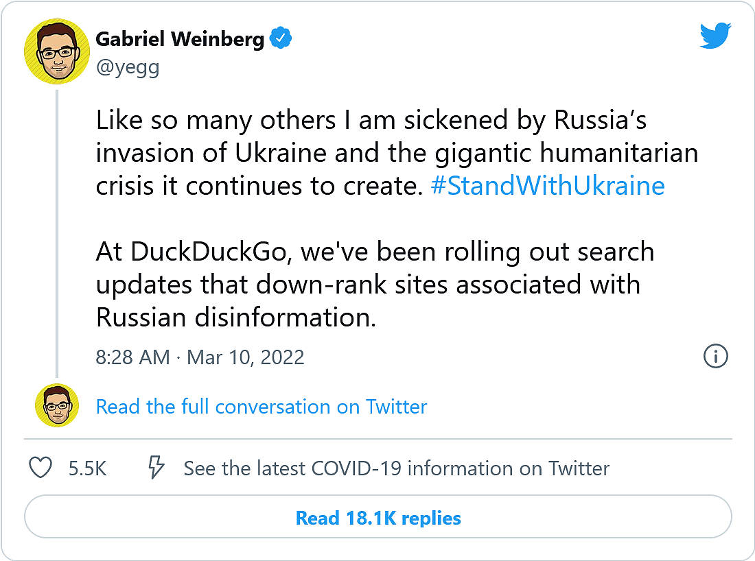 DuckDuckGo CEO：开始对俄罗斯虚假信息网站进行排名降级处理 - 2