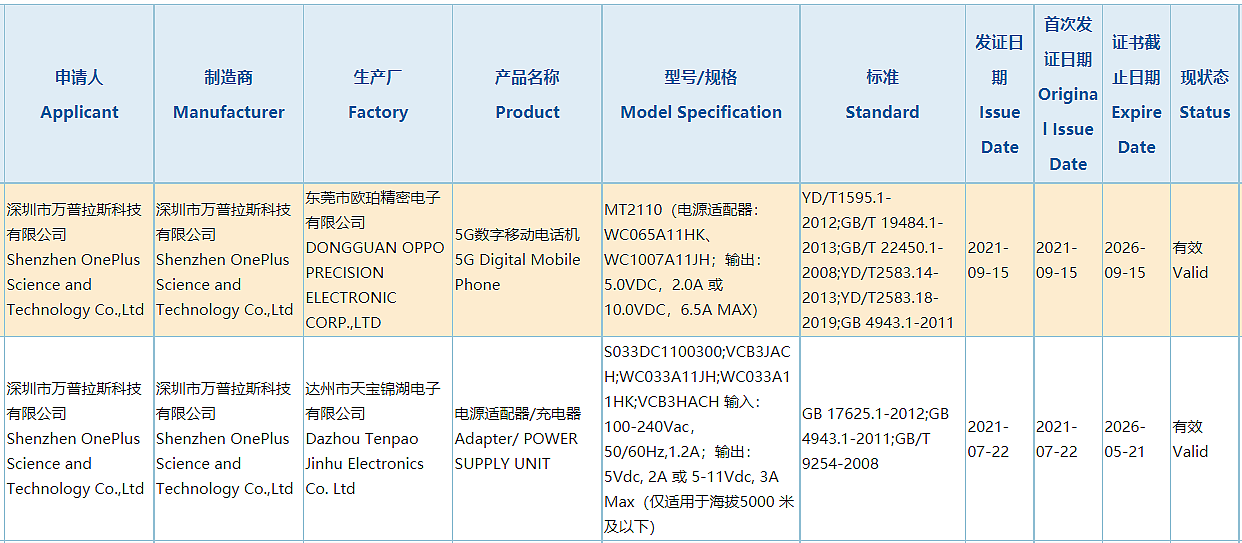 一加 MT2110 新机获认证：预计为一加 9RT，搭载骁龙 870 - 1