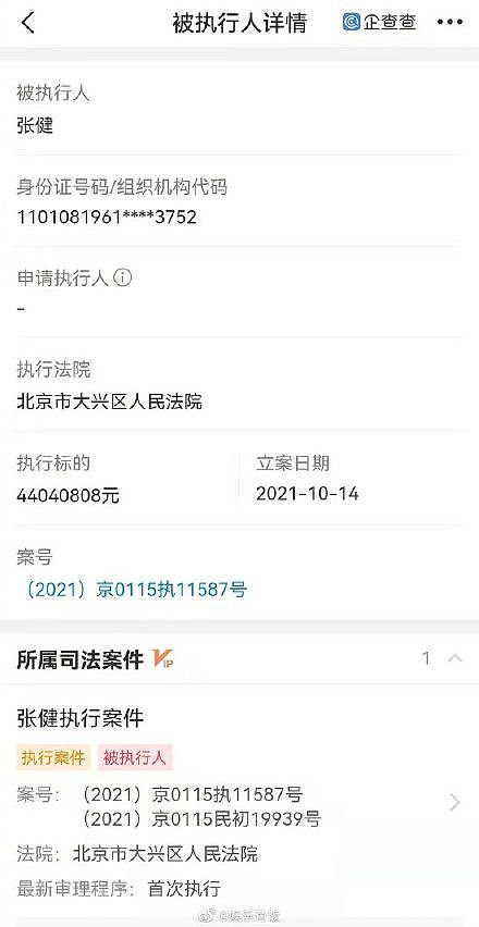 张若昀父亲张健成被执行人 被强制执行4400万 - 1