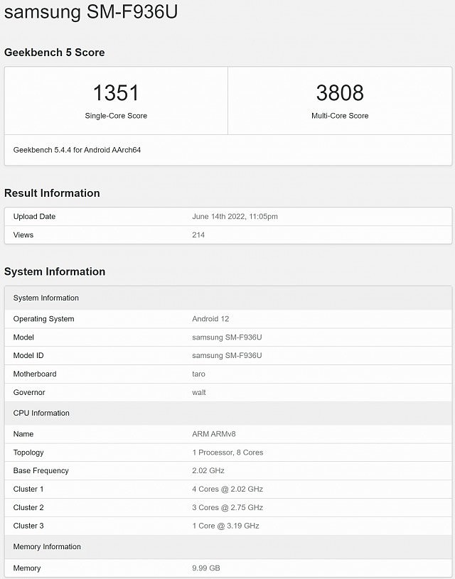 Samsung Galaxy Z Fold4 on Geekbench