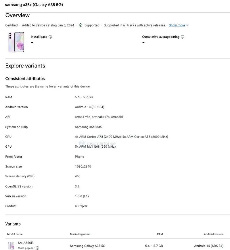 三星 Galaxy A35 5G 手机现身谷歌数据库：Exynos 1380 芯片 + 8GB 内存 - 2