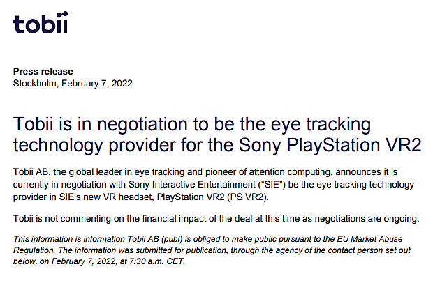 Tobii暗示可为索尼PS VR2提供眼球追踪技术 - 3