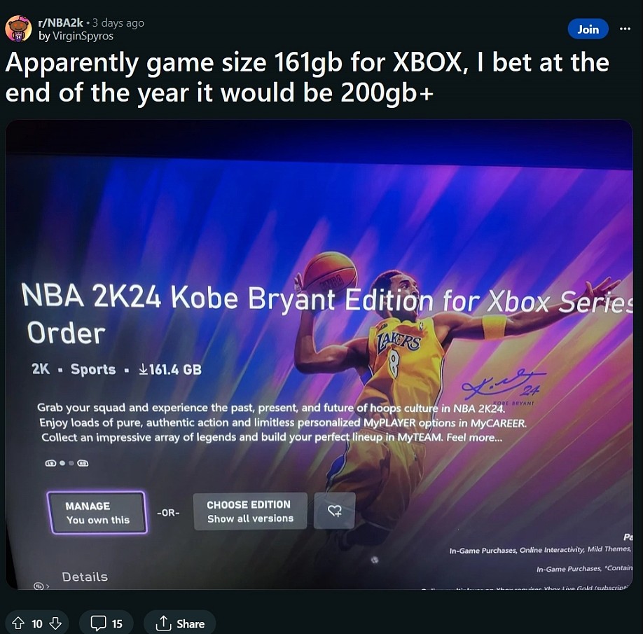 外媒：《NBA 2K24》游戏容量曝光达惊人161GB！纪念版售价超千元 - 2