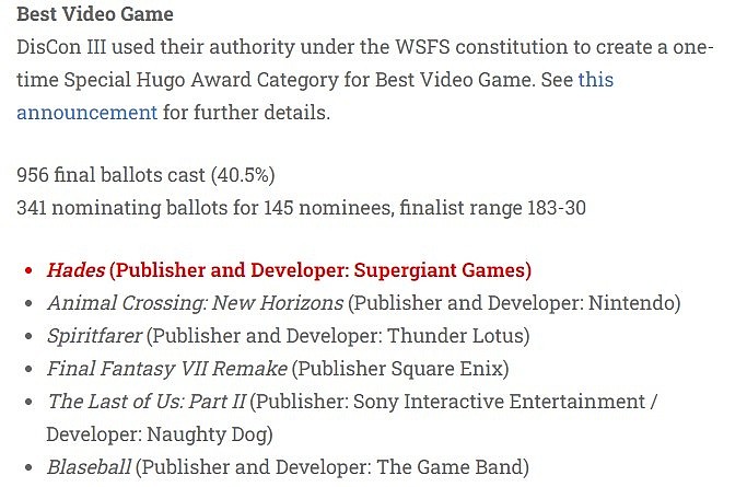 雨果奖2021年度最佳电子游戏：《黑帝斯》 - 1
