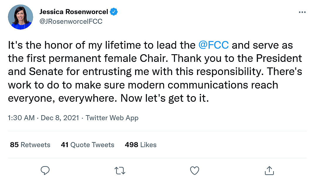 美参议院投票通过FCC主席Jessica Rosenworcel连任 - 2