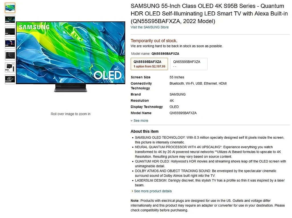 三星QD-OLED电视上市：55/65吋售价2399.99/3499.99美元 - 3