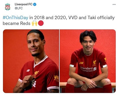 2018年和2020年的今天，范迪克和南野拓实正式加盟利物浦