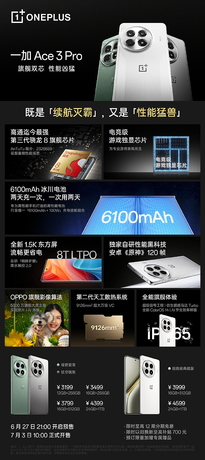 3199 元起，一加 Ace 3 Pro 手机发布：骁龙 8 Gen 3 处理器 + 6100mAh 冰川电池 - 9