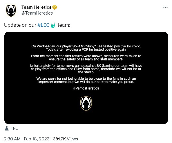 TH中单选手Ruby感染新冠 LEC官方宣布将对阵SK比赛改为线上 - 1