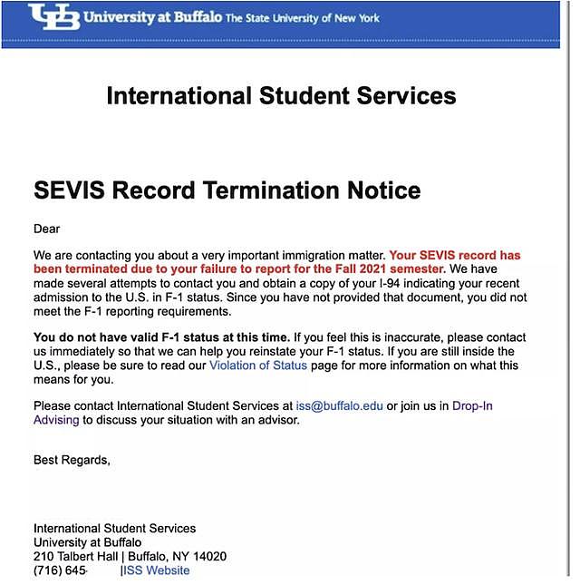 学生们收到布法罗邮件，通知他们SEVIS记录已被终止 图自“Pie News”